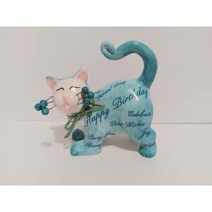 Cat Ceramic Whimsical Happy Birthday Blue White Figurine Home Decor 5"×4"